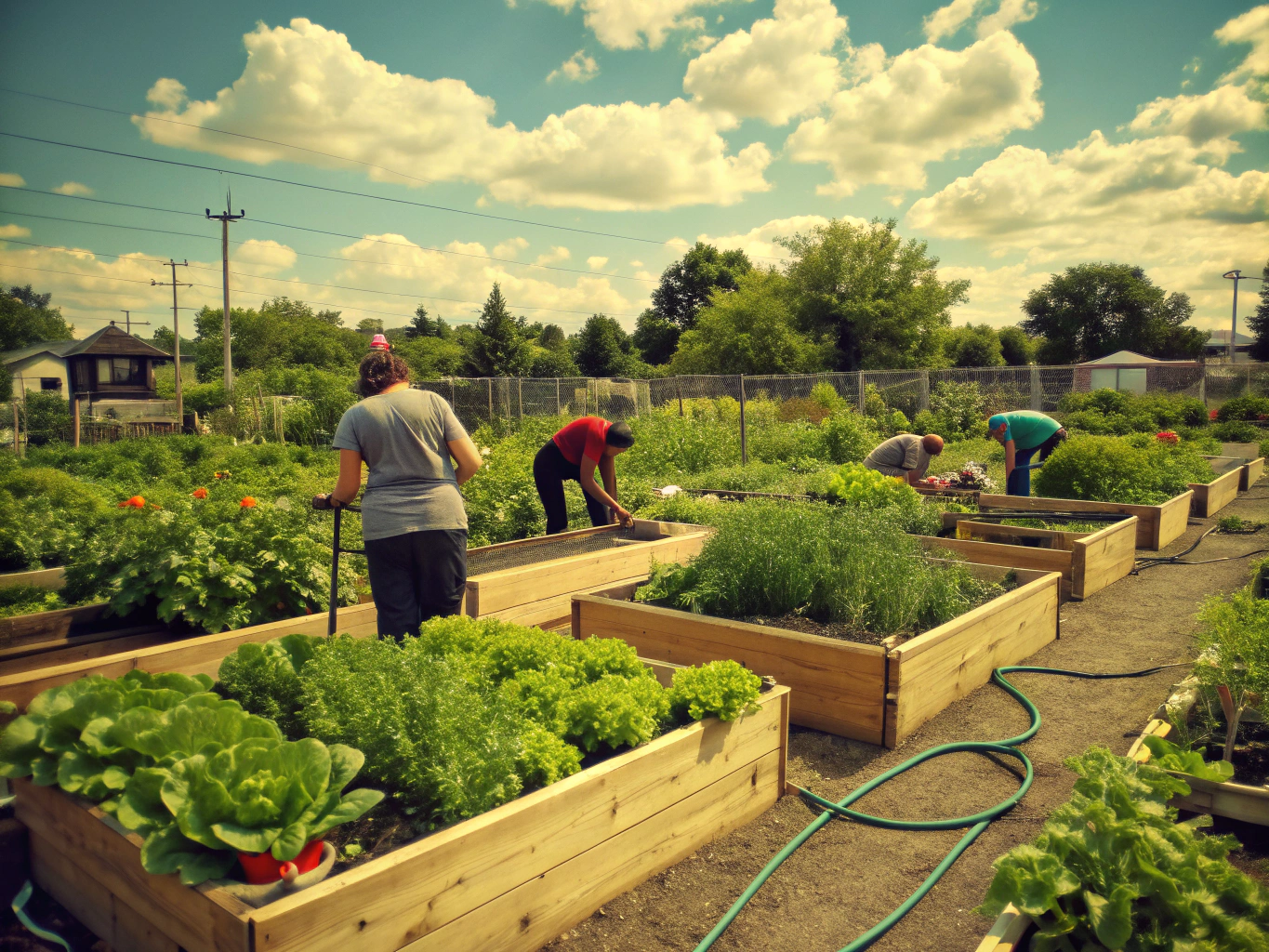 Lush community garden plot with raised wooden beds