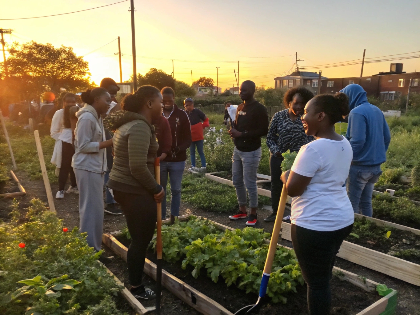 Community members gathering in the garden at sunset