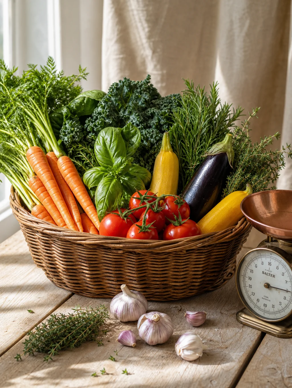 Woven basket overflowing with seasonal heirloom vegetables