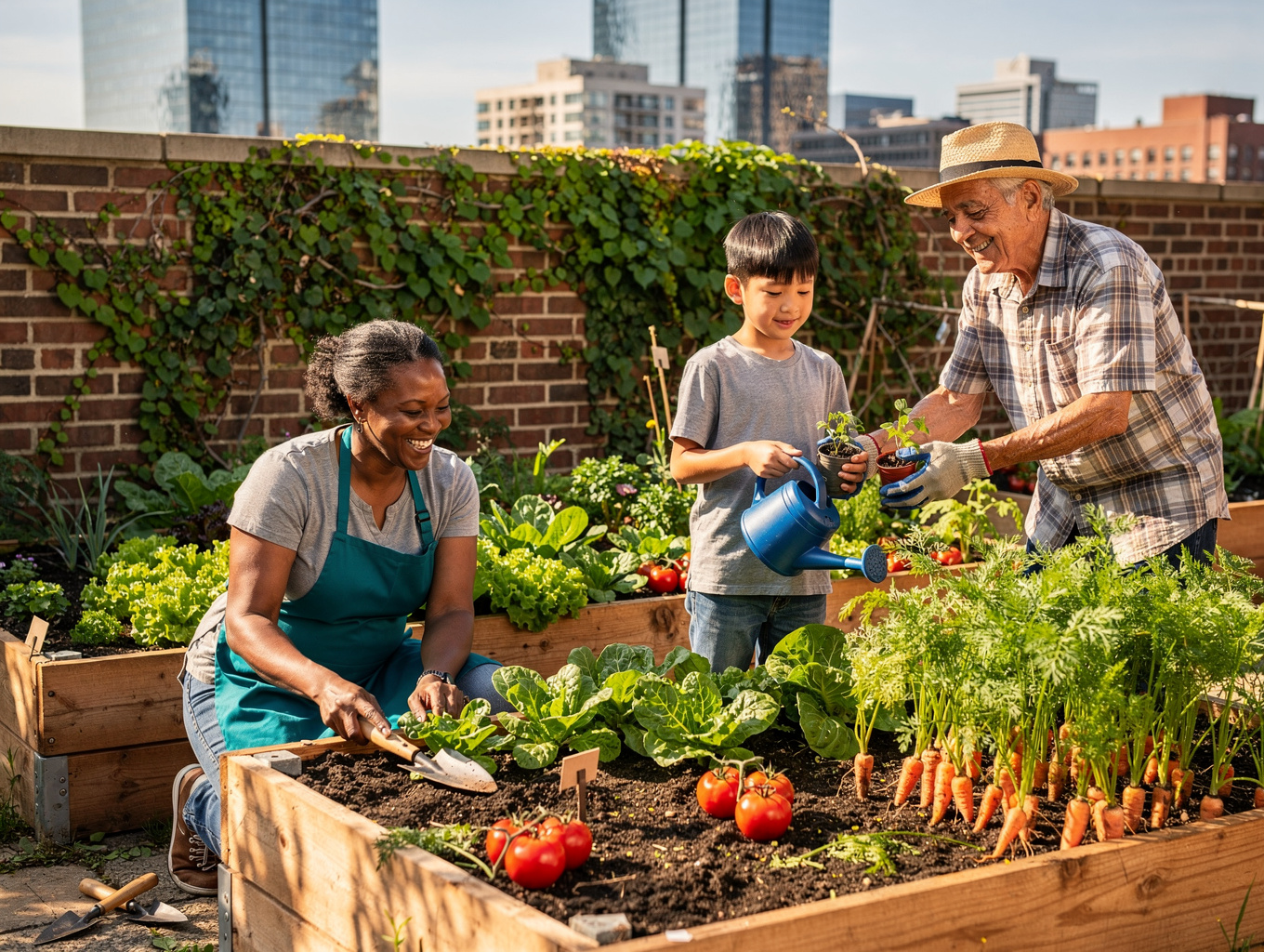 Community members working in a shared garden plot