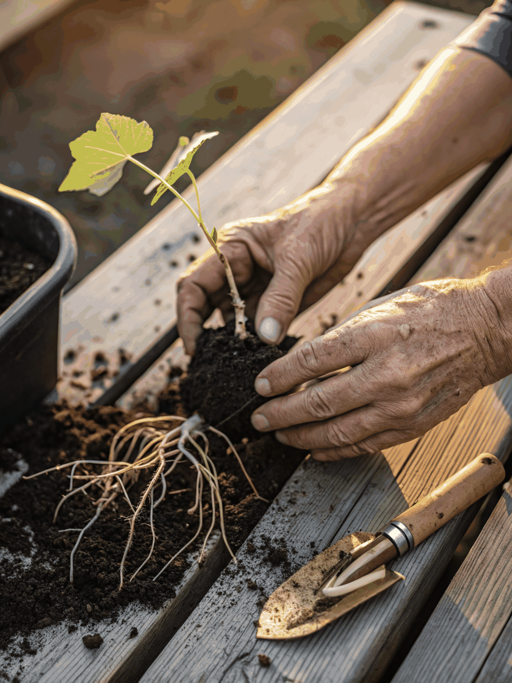 Hand tools resting on rich, dark organic compost