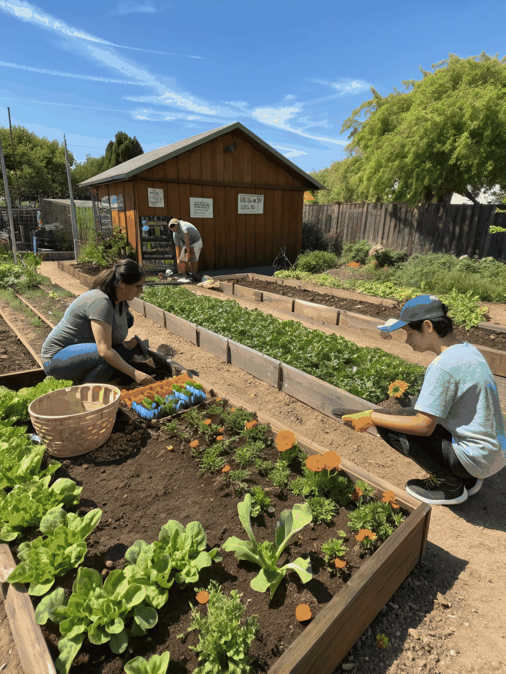 Well-maintained community garden plots with seasonal vegetables