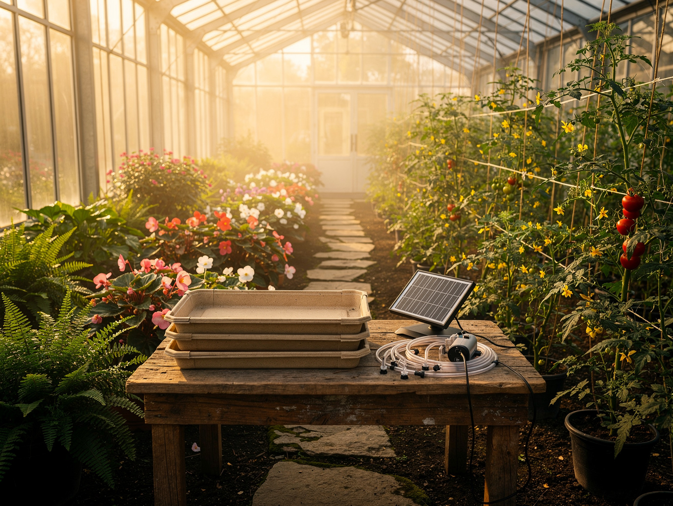 Lush greenhouse interior with hanging plants