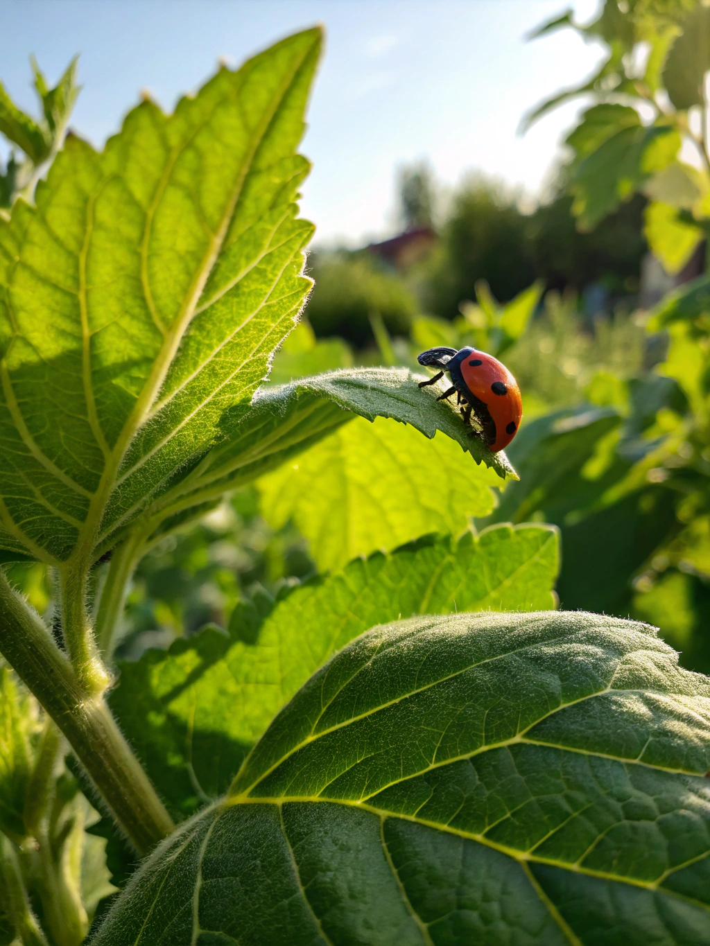 Ladybug on a healthy green leaf