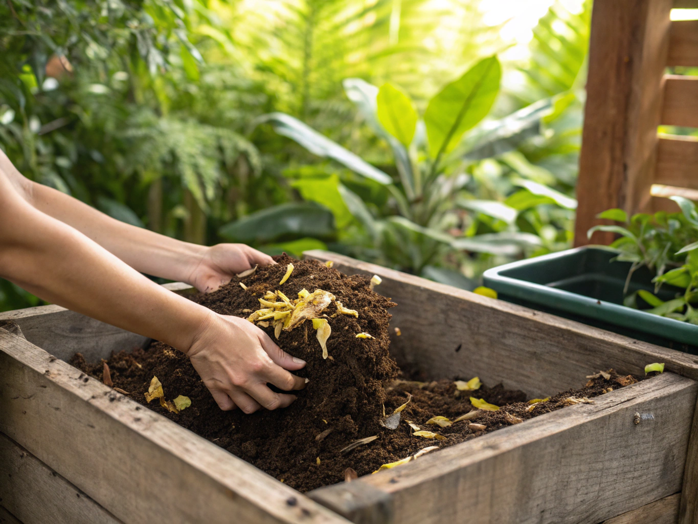 Hands working rich dark compost soil