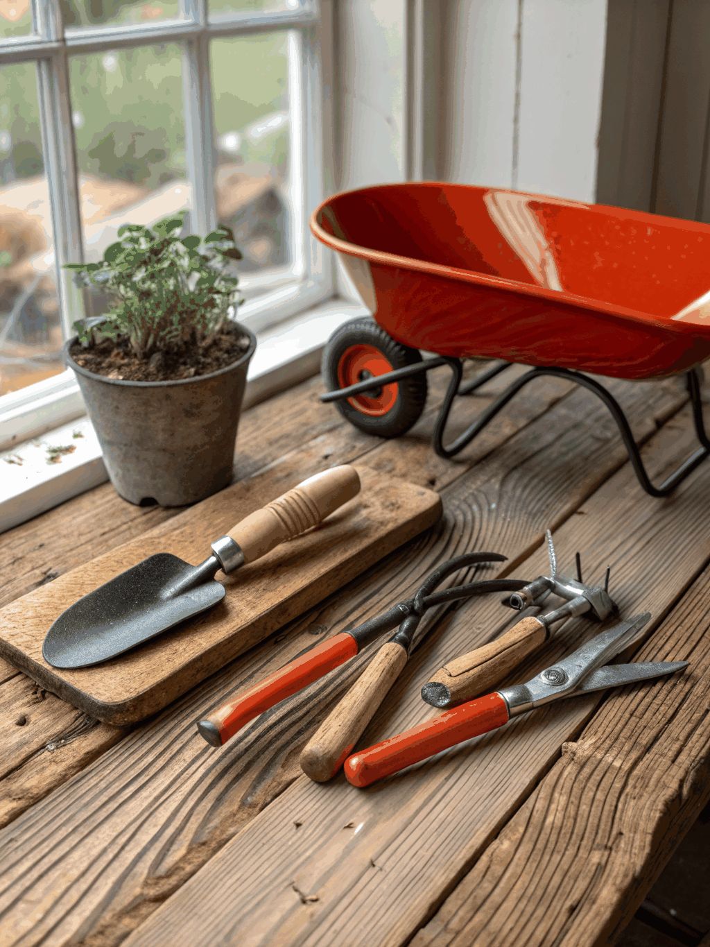 Organized gardening tools laid out for a workshop
